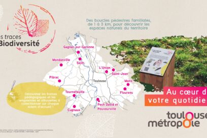 Visuel de Toulouse Métropole sur lequel on voit une carte de la Métropole avec des communes mises en avant, et une petite photo de verdure avec un panneau explicatif. - Agrandir l'image, fenêtre modale
