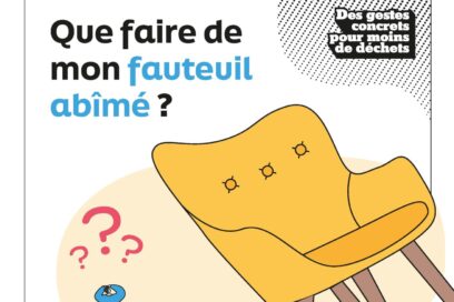 Affiche de Toulouse Métropole fond blanc avec l'illustration d'une personne toute petite qui a l'air perdue devant une chaise jaune très grande dont un des pieds est cassé, il est écrit "que faire de mon fauteuil abîmé?" et "trouvez votre solution sur metropole.toulouse.fr" - Agrandir l'image, fenêtre modale