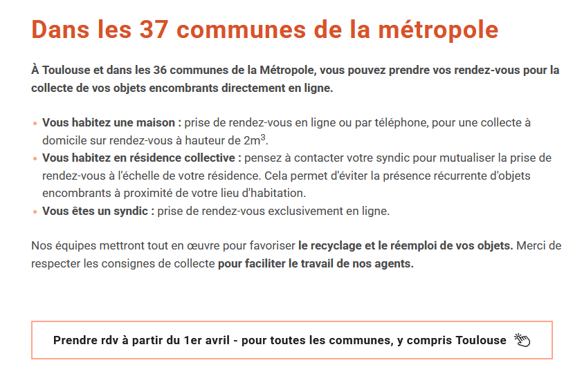 Capture d'écran du site de Toulouse Métropole avec le bouton "Prendre rdv à partir du 1er avril - pour toutes les communes, y compris Toulouse"