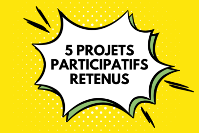 Visuel fond jaune avec une bulle graphique dans laquelle il est écrit "5 projets participatifs retenus" - Agrandir l'image, fenêtre modale
