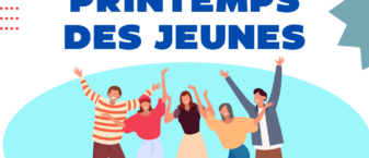 Visuel illustré de jeunes qui ont les bras en l'air avec écrit en titre bleu "printemps des jeunes"