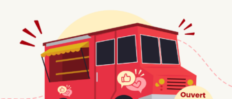 Affiche illustrée avec au centre une sorte de foodtruck rouge et des informations textuelles qu'on retrouve dans le contenu de l'article