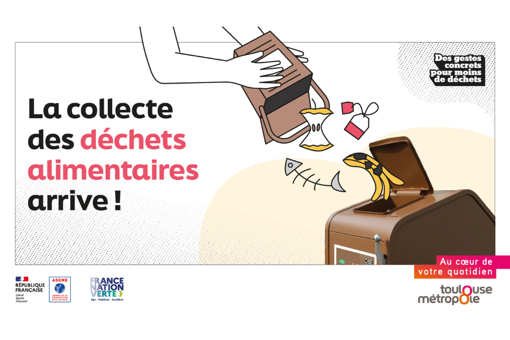 Visuel illustré fond blanc avec image de mains qui jettent des déchets alimentaires dans un bac de collecte, texte écrit "la collecte des déchets alimentaires arrive"