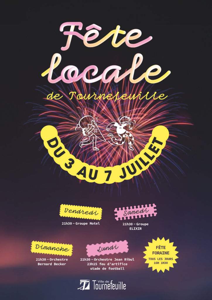 Visuel pour la fête locale, fond sombre avec feu d'artifice et écrit "fête locale" "du 3 au 7 juillet" et les infos de concert qu'on retrouve dans l'article - Agrandir l'image, fenêtre modale