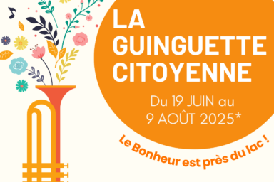 Affiche de la Guinguette 2025 : fond blanc avec des formes colorées et illustrations, toutes les informations sont dans l'article