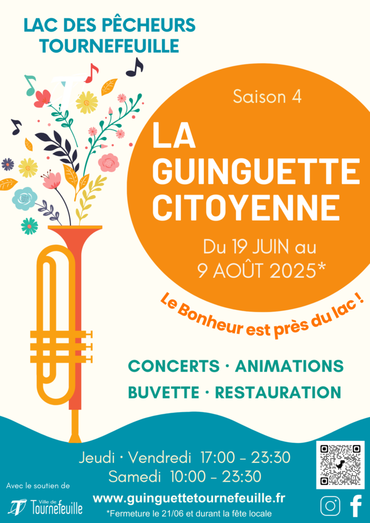 Affiche de la Guinguette 2025 : fond blanc avec des formes colorées et illustrations, toutes les informations sont dans l'article - Agrandir l'image, fenêtre modale