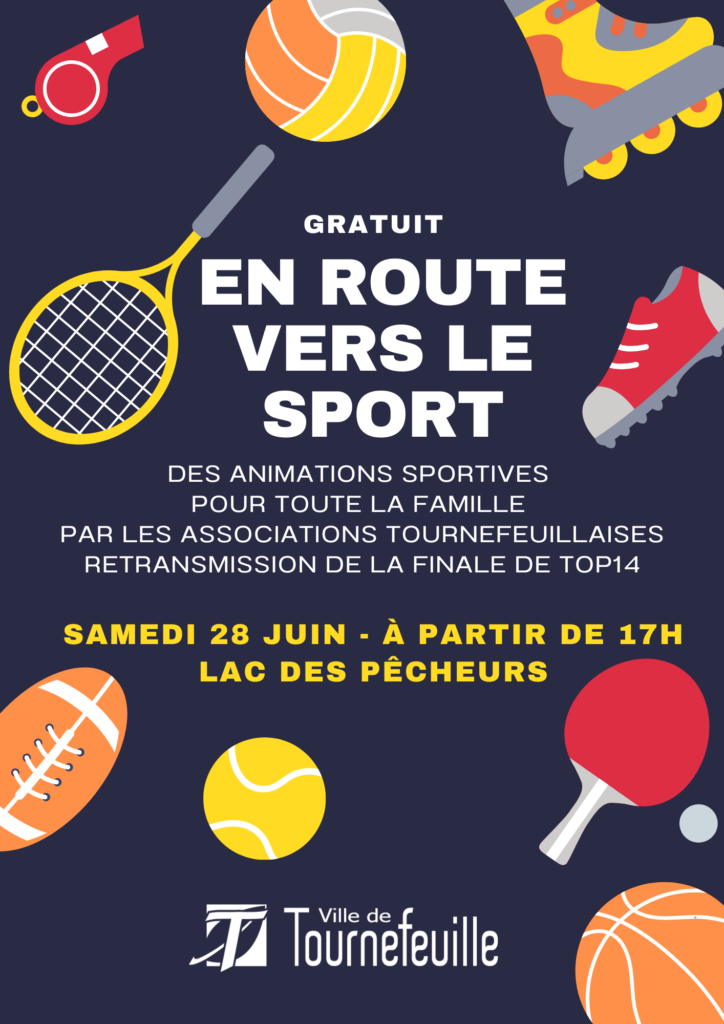 Visuel fond bleu foncé avec des illustrations représentant différents sports et au centre le titre "en route vers le sport" - Agrandir l'image, fenêtre modale