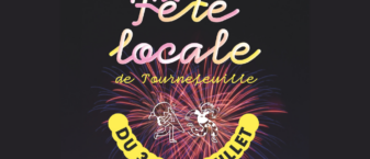 Visuel pour la fête locale, fond sombre avec feu d'artifice et écrit "fête locale" "du 3 au 7 juillet"