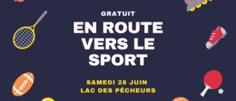 Visuel fond bleu foncé avec des illustrations représentant différents sports et au centre le titre "en route vers le sport"
