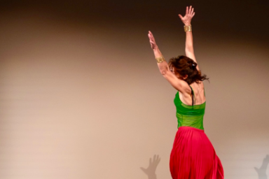 Une danseuse portant un débardeur vert et longue jupe rouge tourbillonnant sur elle même les bras levés.