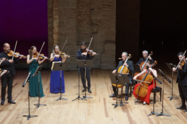 Ensemble de 12 musiciens à cordes sur scène en train de jouer.