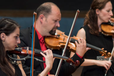 Plan rapproché sur les violonistes de l'Orchestre de profil en train de jouer à l'unisson de leur instrument dans des tenues sobres, sombres et élégantes.