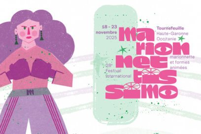 affiche du festival marionnettissimo avec une illustration de femme sur la gauche, des couleurs pastel rose / violet - Agrandir l'image, fenêtre modale