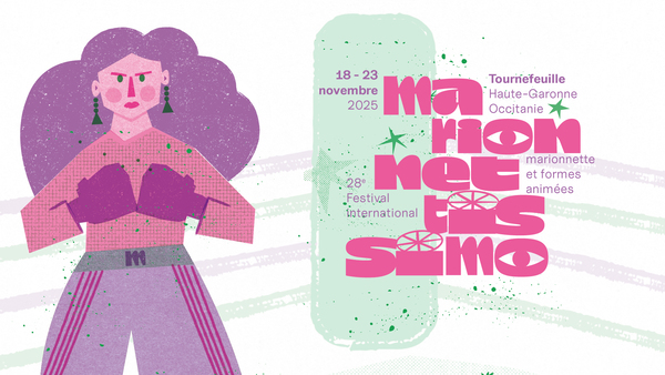 affiche du festival marionnettissimo avec une illustration de femme sur la gauche, des couleurs pastel rose / violet