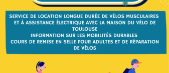 Visuel jaune et vert avec une illustration de famille à vélo et les informations qu'on retrouve dans l'article