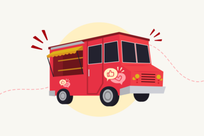 Illustration de foodtruck rouge sur un fond beige - Agrandir l'image, fenêtre modale