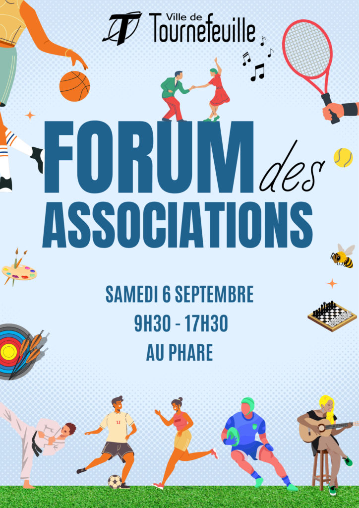 Affiche du forum des associations, visuel fond bleu clair avec des icônes d'activités sportives et culturelles - Agrandir l'image, fenêtre modale