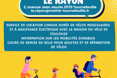 Visuel fond jaune avec une illustration de famille à vélo et un texte informatif dont on retrouve le contenu dans l'article - Agrandir l'image, fenêtre modale