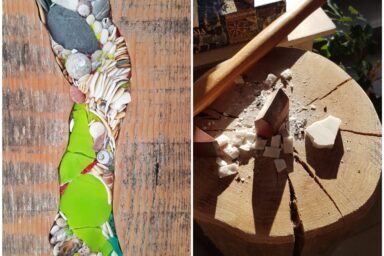Montage de deux oeuvres faites à partir d'objets naturels, bois coupés et autres