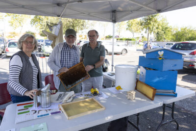Photo d'un stand associatif, trois personnes derrière une table tiennent une partie de ruche en main, sur la table on voit aussi une ruche bleue et des figurines d'abeilles - Agrandir l'image 3 sur 68, fenêtre modale