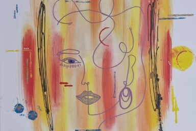Illustration au crayon, et peut-être peinture, d'un visage avec des couleurs vives jaunes et rouges par-dessus