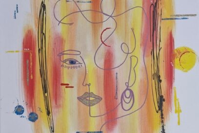 Illustration au crayon, et peut-être peinture, d'un visage avec des couleurs vives jaunes et rouges par-dessus - Agrandir l'image, fenêtre modale