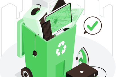 illustration en vert et brun représentant un container poubelle empli d'objets numériques - Agrandir l'image, fenêtre modale