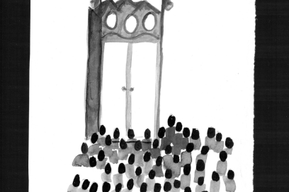 illustration à l'encre représentant une armoire joliment ouvragée devant laquelle se dresse une myriade de silhouettes d'humains assis de dos - Agrandir l'image, fenêtre modale