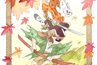 illustration à la peinture à l'eau de Margo Renard de deux personnages de chat et chien, animaux vêtus comme des samouraïs s'élançant avec leurs sabres au milieu d'une forêt lumineuse figurée par des feuilles d'arbres aux couleurs d'automne et encadrée par deux tiges de bambous sur fond blanc - Agrandir l'image, fenêtre modale