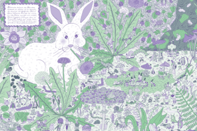 détail d'une illustration aux traits minutieux en deux couleurs pastels, violet et vert, d'un lapin au milieu d'une végétation fleurie et herbeuse luxuriante qui occupe tout le champ de l'image, avec une bulle de dialogue parfaitement intégrée dans ce décor bucolique
