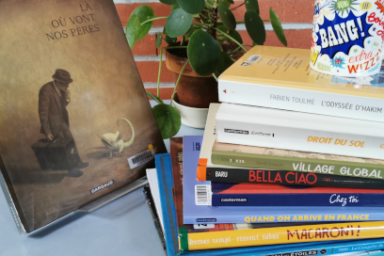 détail d'une photo montrant des albums livres colorés empilés sur une étagère contre une couverture d'album d'illustration intitulé Là où vont nos pères