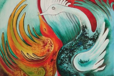 Peinture d'un oiseau avec couleurs vives et blanches et bleues