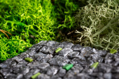 Photo d'une mosaïque en roche grise et d'une sorte de mousse végétale verte derrière - Agrandir l'image, fenêtre modale