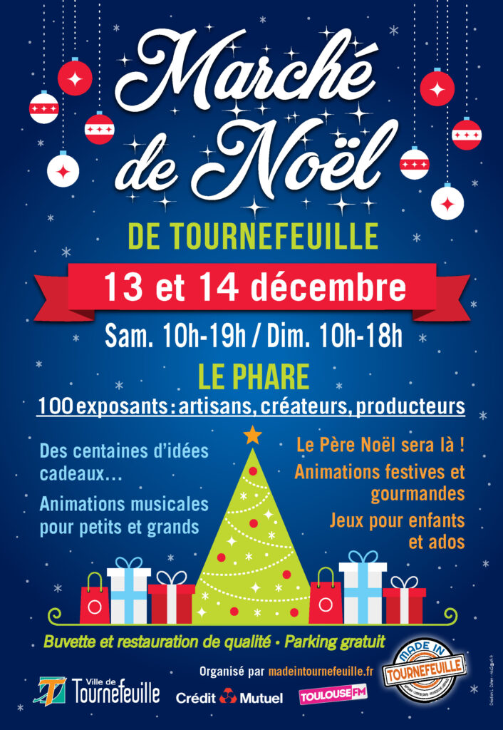 Affiche du marché de Noël, fond bleu avec illustrations de boules de Noel, de sapin et de cadeaux, et infos qu'on retrouve dans l'article - Agrandir l'image, fenêtre modale