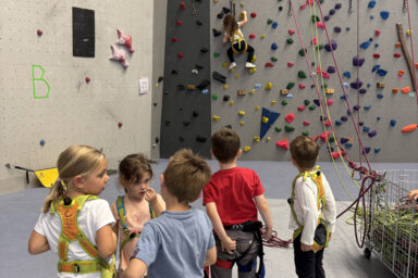 Photo d'un groupe de cinq enfants qui regardent une jeune fille monter au mur d'escalade, ils sont tous équipés d'un baudrier