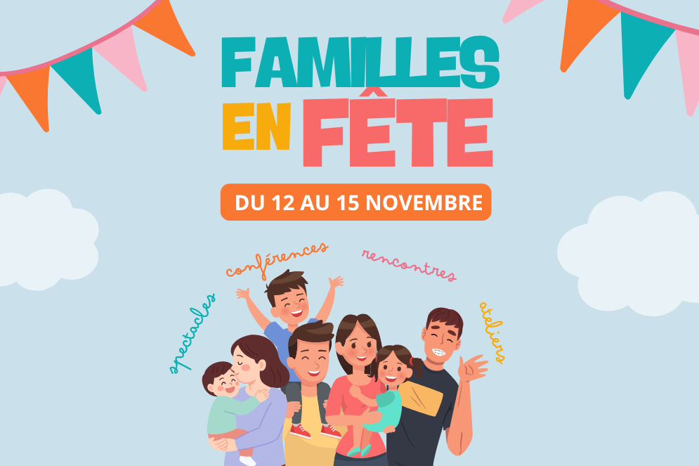 Visuel illustré avec fond bleu clair et illustration de famille souriante