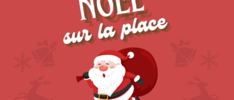 visuel fond rouge avec père noel en illustration au centre et le texte "Noël sur la place" en blanc au-dessus