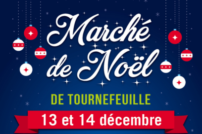 Visuel fond bleu et illustrations d'étoiles et boules de Noël, avec écrit "Marché de Noël" en blanc - Agrandir l'image, fenêtre modale