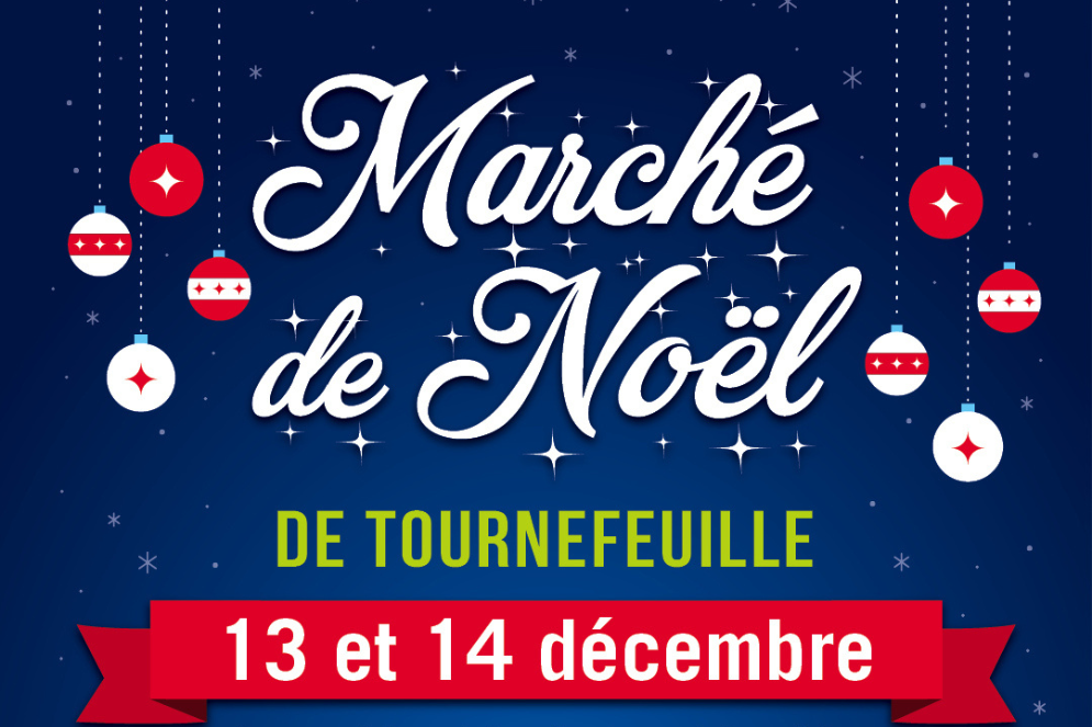 Visuel fond bleu et illustrations d'étoiles et boules de Noël, avec écrit "Marché de Noël" en blanc