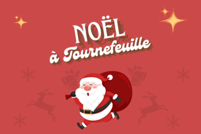 visuel fond rouge avec illustration de père noel qui court avec sa hotte au centre, et écrit en blanc au-dessus "Noël à Tournefeuille" - Agrandir l'image, fenêtre modale