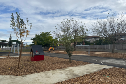 photo d'une cour d'école avec des espaces végétalisés, des arbres plantés récemment - Agrandir l'image, fenêtre modale
