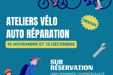 Affiche d'atelier vélo d'auto réparation, fond bleu avec infos qu'on retrouve dans l'article et des illustrations de vélo