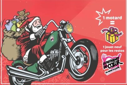 visuel fond rouge avec une illustration de père noël à moto - Agrandir l'image, fenêtre modale