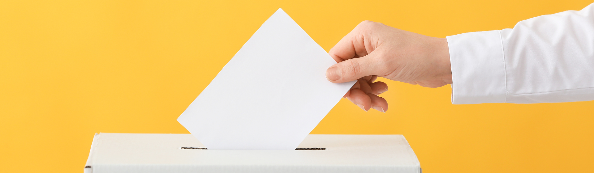 photo coupée avec juste main qui dépose un bulletin de vote dans une urne, sur un fond jaune