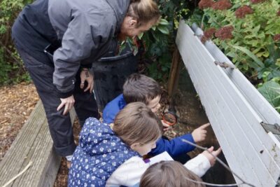 trois enfants sont accroupis sous une sorte de jardinière, ils regardent quelque chose avec un adulte, c'est en extérieur dans une sorte de jardin - Agrandir l'image 10 sur 14, fenêtre modale