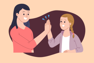 illustration fond rose orange clair avec une femme adulte et une ado qui se tapent dans la main