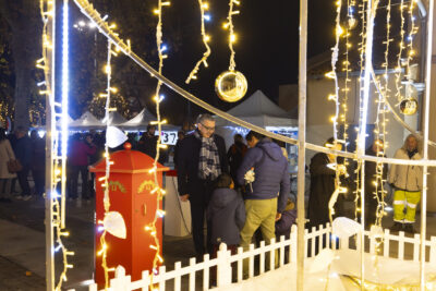 photo prise depuis le côté de l'illumination, on voit derrière le Maire en train de discuter avec une famille, la boîte de Noël, et à l'arrière plan des familles réunies et des stands pour le Téléthon - Agrandir l'image 20 sur 20, fenêtre modale