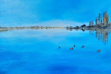 Peinture d'un paysage bleu, mer ou étang avec horizon qui se dessine en couleur plus claire