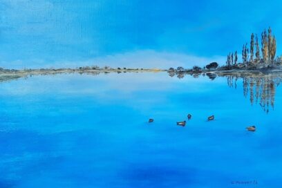 Peinture d'un paysage bleu, mer ou étang avec horizon qui se dessine en couleur plus claire - Agrandir l'image, fenêtre modale