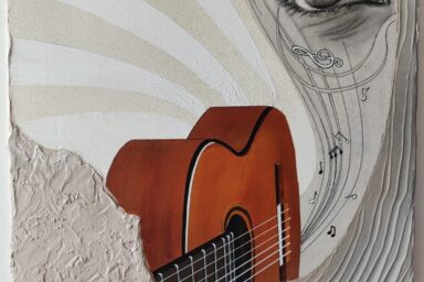 oeuvre composée de collage, avec du dessin de guitare et d'oeil